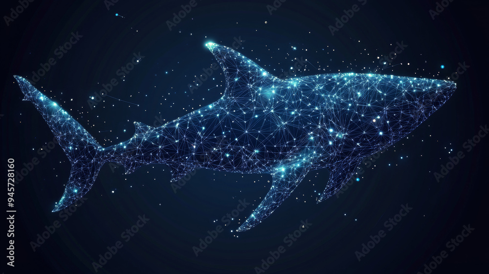An abstract illustration of a shark designed as a starry sky or cosmic scene. The shark is depicted using a network of points, lines, and geometric shapes that represent planets, stars. An abstract illustration of a shark designed as a starry sky or cosmic scene. The shark is depicted using a network of points, lines, and geometric shapes that represent planets, stars.