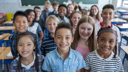 Smiling multiethnic cool kids boys and girls friends posing for group portrait together.