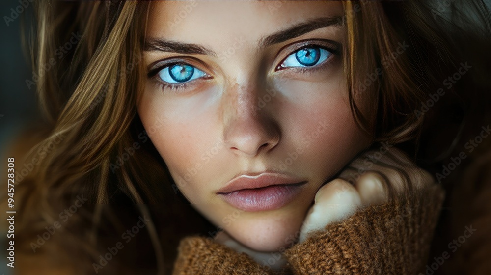 Woman with blue eyes in a pensive pose, captured in a thoughtful and reflective portrait. The focus on her expression conveys depth and contemplation.