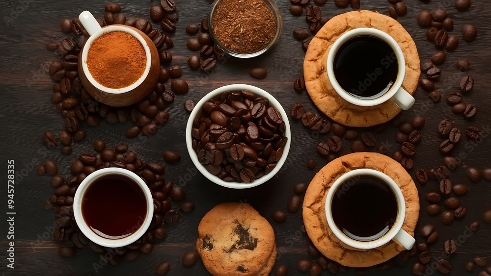 Top view of cups of coffee, coffee beans, cookies and spices on table Top view of cups of coffee, coffee beans, cookies and spices on table