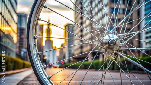 A sleek, silver bicycle wheel with a stylized, curved logo emblazoned on the hub, set against a blurred, urban background with a hint of motion. photo