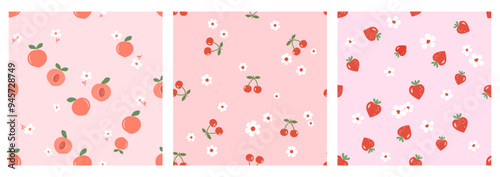 Seamless pattern with peach fruit, cherry, strawberry and cute flower on pink backgrounds vector. Set of cute fruit print.