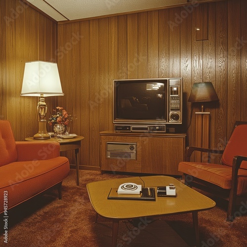 Retro Living Room: A vintage living room with wood paneling, a retro television, and plush orange furniture. Perfect for evoking nostalgia and a sense of bygone eras.  photo