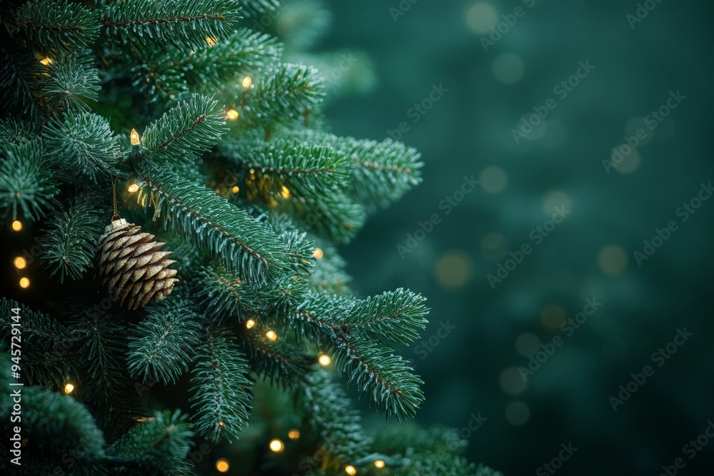 Minimalist Christmas tree adorned with gold and green ornaments, against a deep green background, creating a modern holiday aesthetic.