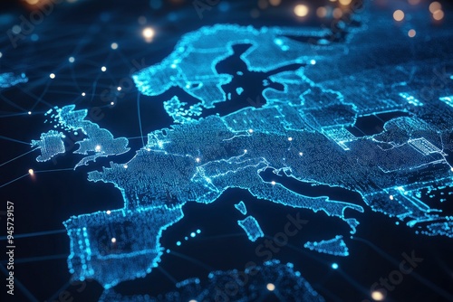dynamic digital world map emphasize Western Europe continental for AI powered global network connectivity big data transfer cyber technology network information exchange and telecommunication , ai