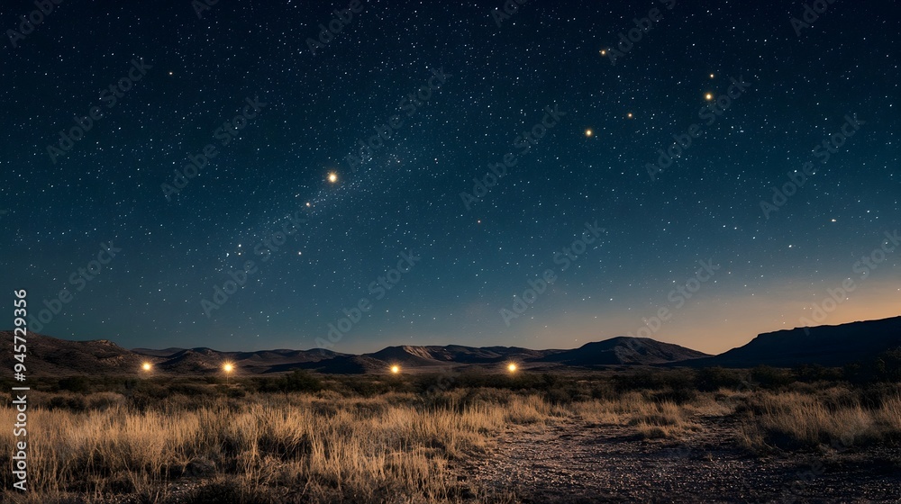 Starry Nightscape of Marfa Lights Floating in Texas Desert Landscape Starry Nightscape of Marfa Lights Floating in Texas Desert Landscape