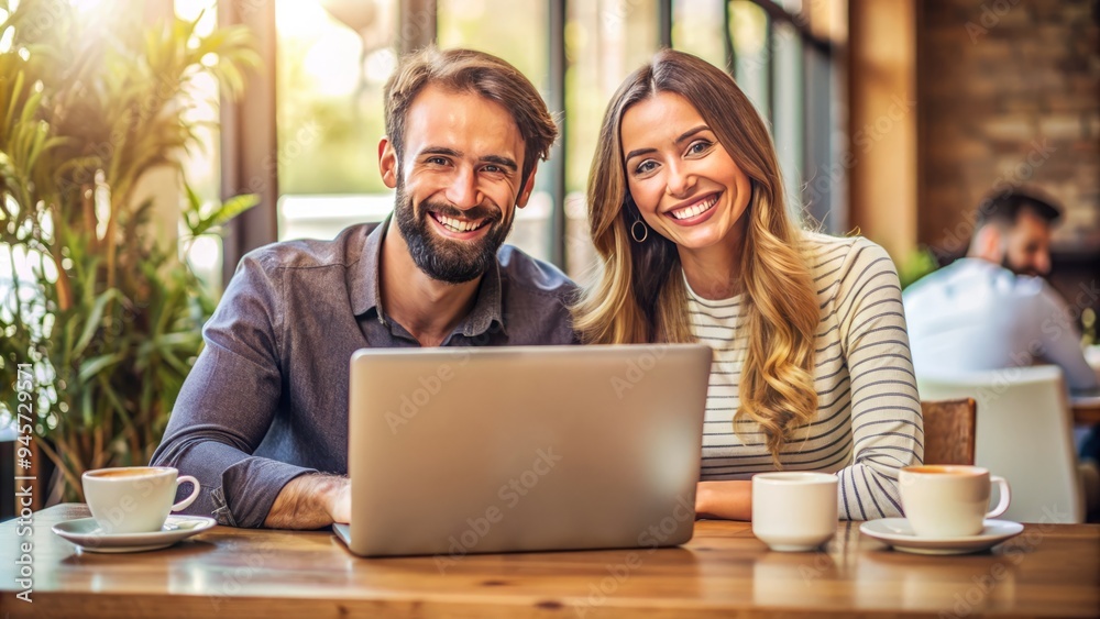 A smiling duo sits together in front of a laptop, eyes shining with joy, surrounded by coffee cups and notebooks, radiating love and digital connection. A smiling duo sits together in front of a laptop, eyes shining with joy, surrounded by coffee cups and notebooks, radiating love and digital connection.