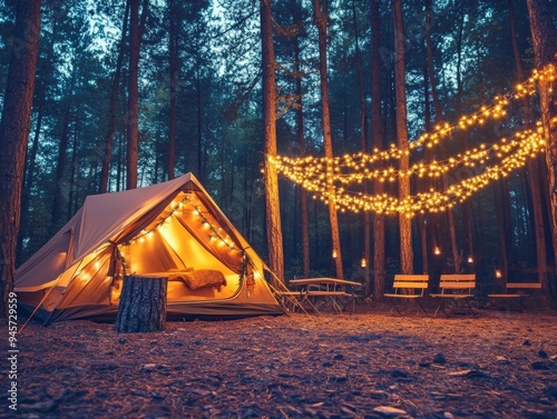 tent at night, camping with garlands in the forest