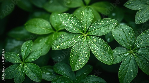 Glossy rain-soaked leaves in a forest