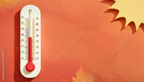 A colorful thermometer against a warm orange background, symbolizing temperature changes and seasonal transitions.
