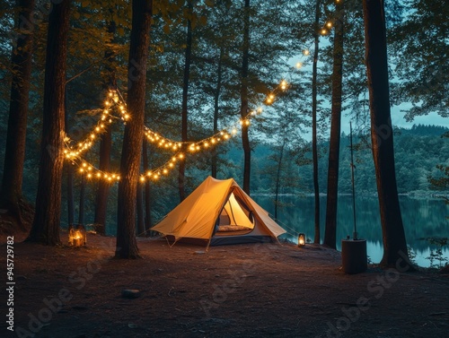 tent with garlands in the forest