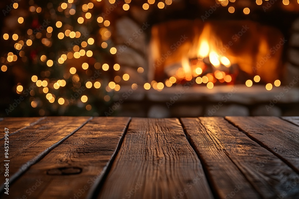 Cozy Christmas scene with a wooden floor, pine branches, and a glowing fireplace in the background, creating a warm holiday atmosphere. Cozy Christmas scene with a wooden floor, pine branches, and a glowing fireplace in the background, creating a warm holiday atmosphere.