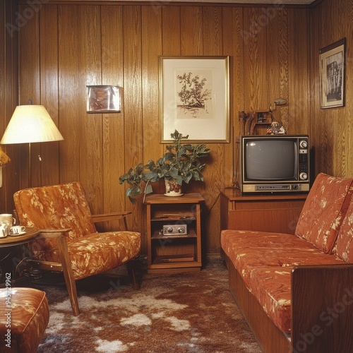 Mid-Century Modern Living Room: A cozy and inviting living room with vintage furniture and decor, capturing the essence of 1970s interior design. The wooden paneling, plush armchairs, and vintage TV s photo