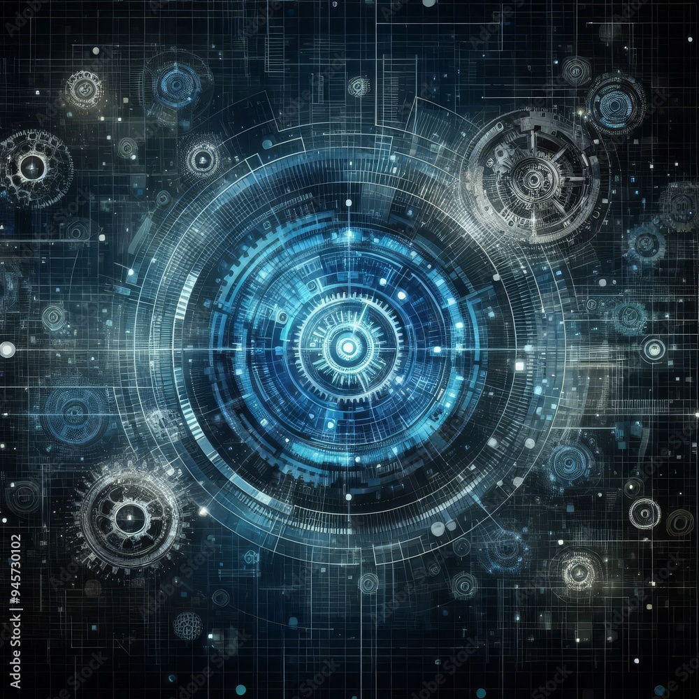 Abstract blue digital technology background with gears and cogs, dark color palette
Abstract blue digital technology background with gears and cogs, dark color palette