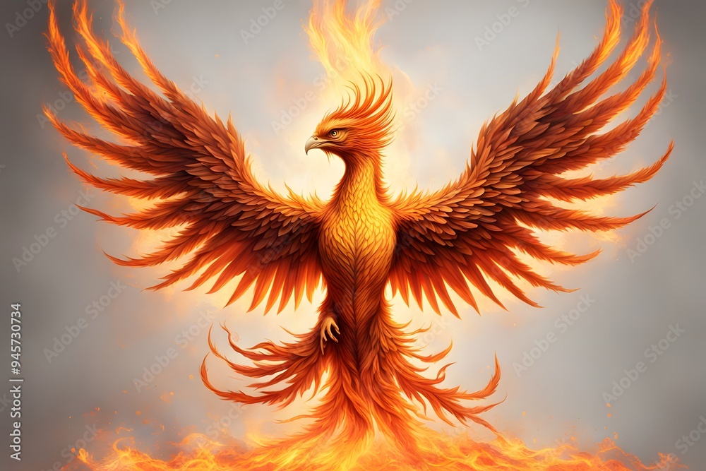 Fototapeta premium A fiery phoenix rising from the flames with wings spread wide and flames trailing behind, Ai Generated