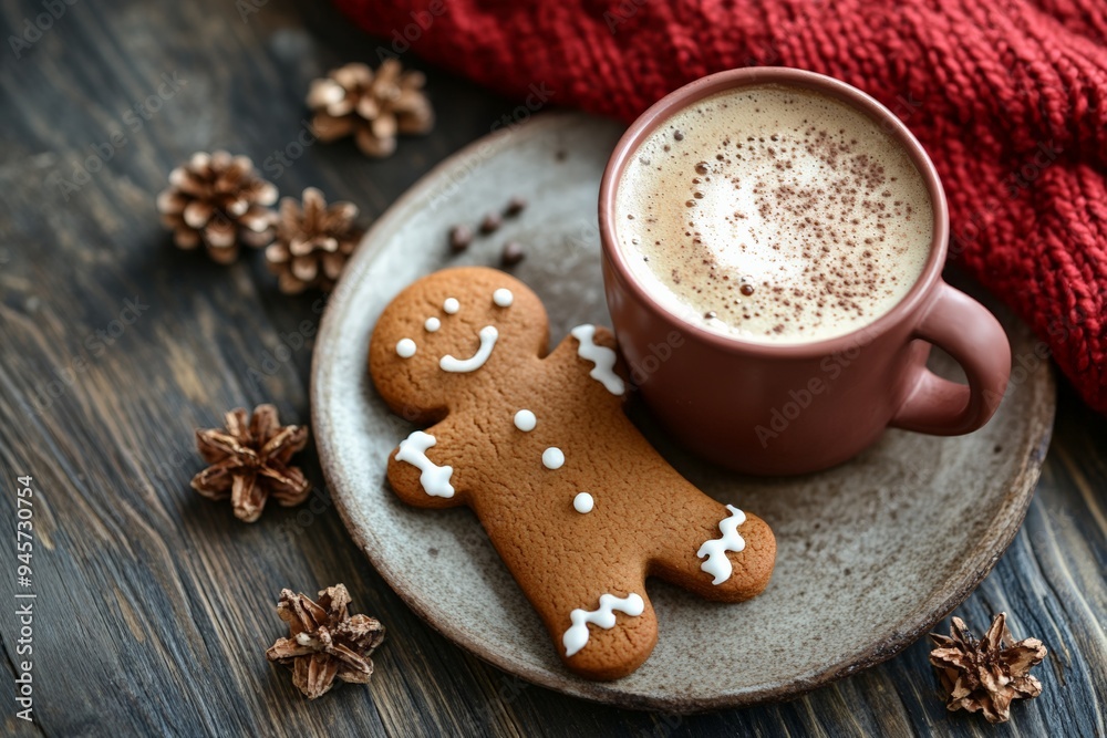 A warm and cozy scene featuring a cup of hot chocolate with a gingerbread man cookie, surrounded by festive decorations and Christmas lights. A warm and cozy scene featuring a cup of hot chocolate with a gingerbread man cookie, surrounded by festive decorations and Christmas lights.