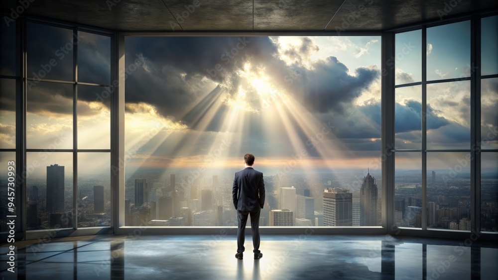 A solitary figure stands at a window, gazing out at a dimly lit cityscape, with a faint sunbeam breaking through the clouds, symbolizing resilience. A solitary figure stands at a window, gazing out at a dimly lit cityscape, with a faint sunbeam breaking through the clouds, symbolizing resilience.