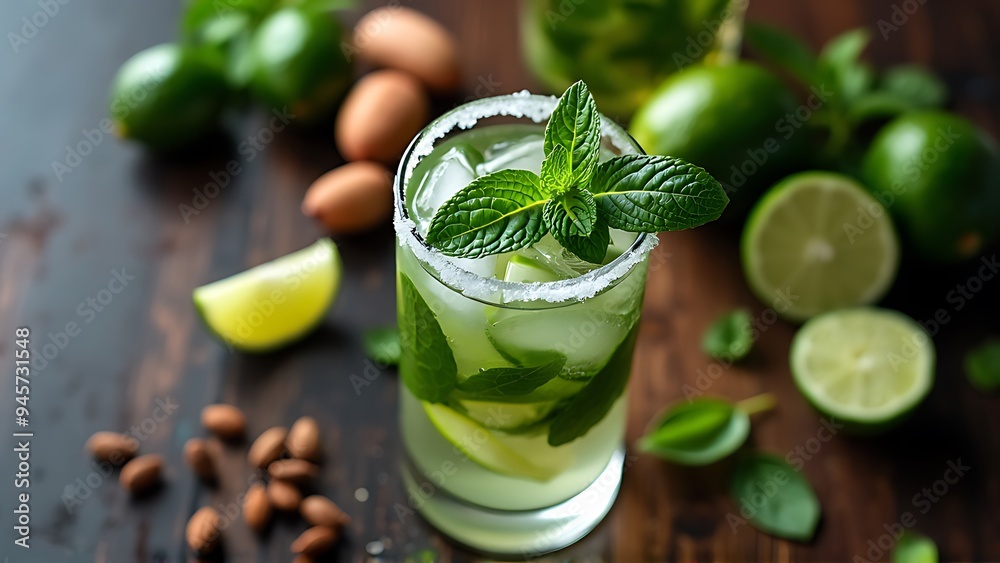 Top view of mojito cocktail in glass and fresh ingredients on dark wooden table top, cocktail drinks concept Top view of mojito cocktail in glass and fresh ingredients on dark wooden table top, cocktail drinks concept
