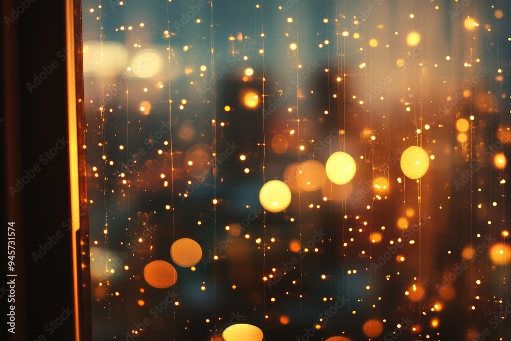 Obraz premium A mesmerizing view of golden bokeh lights shimmering through raindrops on a window, creating a warm and magical atmosphere.