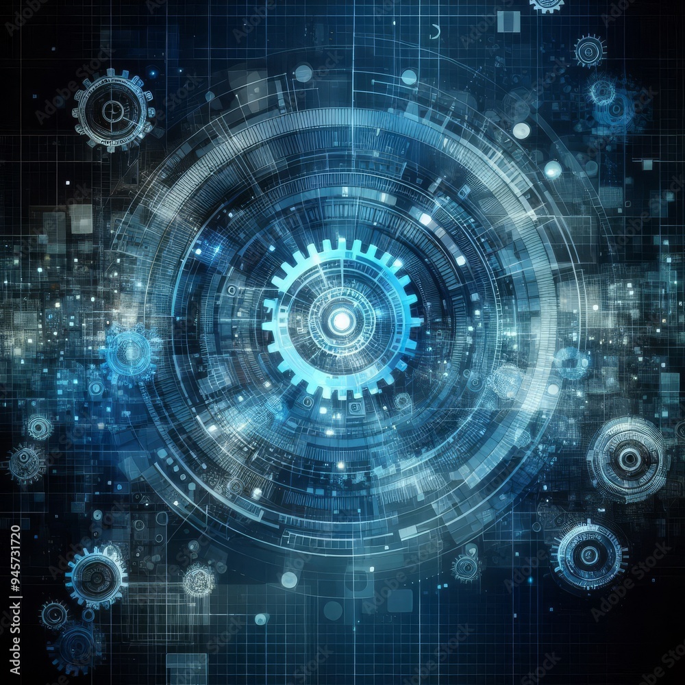 Abstract blue digital technology background with gears and cogs, dark color palette
Abstract blue digital technology background with gears and cogs, dark color palette