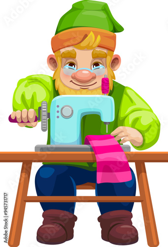 Cartoon gnome character sews clothes. Isolated vector dwarf tailor diligently working on magical sewing machine. Charming bearded elf personage creating enchanting garments in a cozy magical workshop