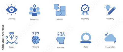 Visionary, Generation, Solution, Originality, Creativity, Design, Thinking, Creative, Agile, Imagination Vector Icon Set