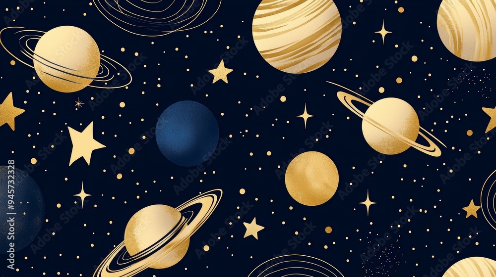 A celestial wallpaper with hand-drawn constellations, planets, and stars in gold and navy A celestial wallpaper with hand-drawn constellations, planets, and stars in gold and navy