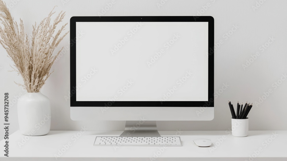 Fototapeta premium A clean desktop mock-up featuring a monitor with a blank screen, a keyboard, and a mouse on a white desk