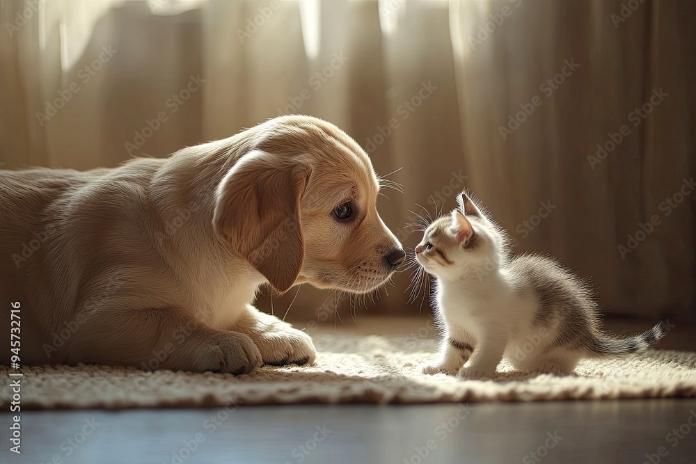 A Heartwarming Moment Between a Dog and Cat at Play, Puppy And Kitten, Dog and Cat Playing Together , ai