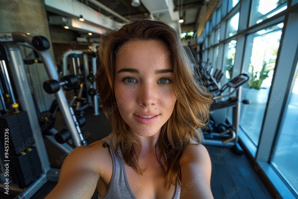 Young woman taking a break from lifting weights at the gym Young woman taking a break from lifting weights at the gym
