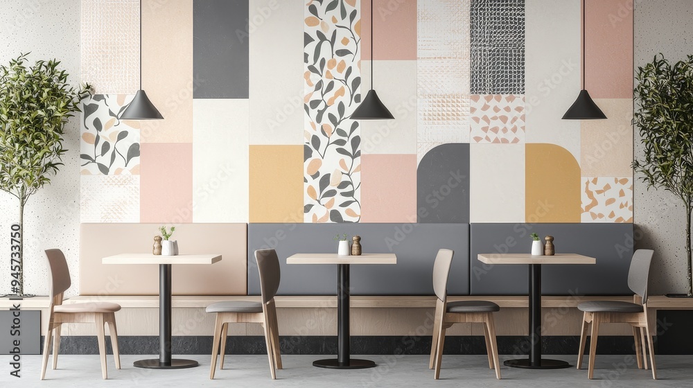 Fototapeta premium A cozy cafe with a tile wall featuring a mix of vintage and modern patterned tiles in neutral tones