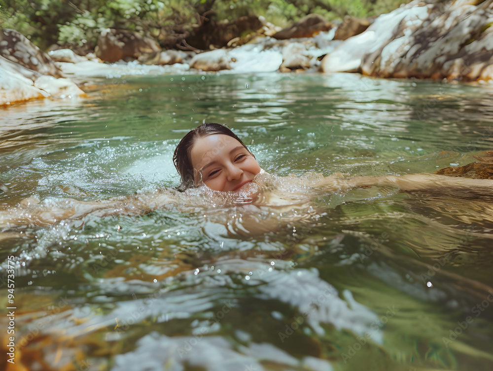 Clear water flows over smooth rocks as a person swims in a scenic mountain stream. Clear water flows over smooth rocks as a person swims in a scenic mountain stream.