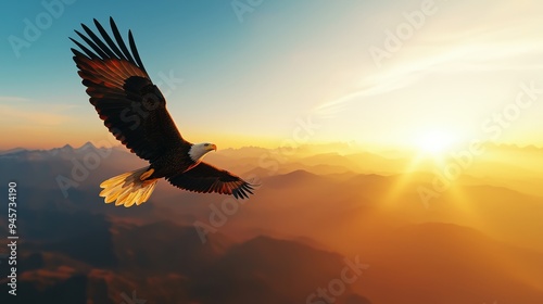 An eagle soaring high above mountains with wings outstretched