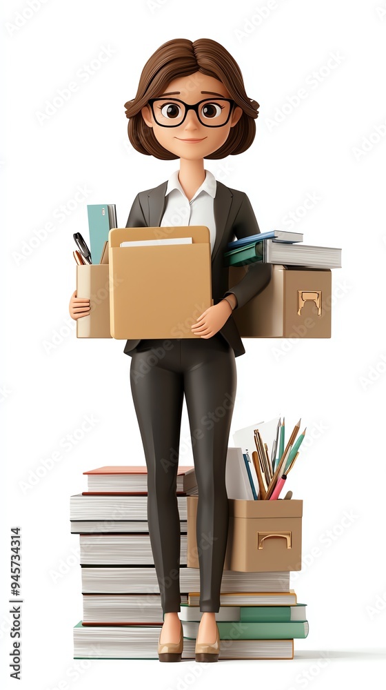 A professional woman in a suit carrying boxes and stationery, surrounded by stacks of books, representing organization and hard work. A professional woman in a suit carrying boxes and stationery, surrounded by stacks of books, representing organization and hard work.