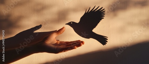 A hand creating a shadow puppet, forming the shape of a bird against a wall photo