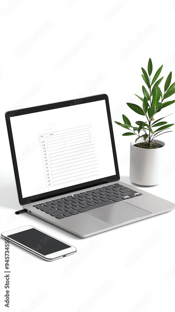 Fototapeta premium A stylish workspace featuring a laptop, smartphone, and a plant, ideal for modern productivity and creative inspiration.