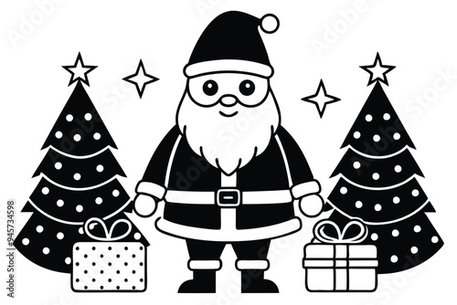 Christmas Santa Calus with Decorated christmas Trees in Background 