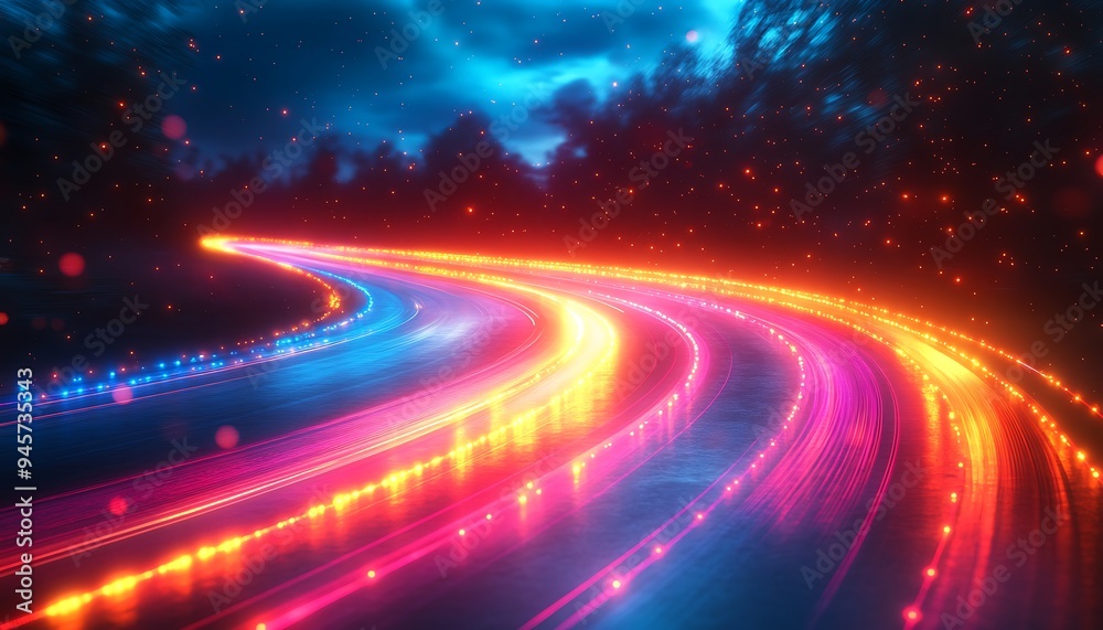 A winding road through a dark forest with glowing lights. A winding road through a dark forest with glowing lights.