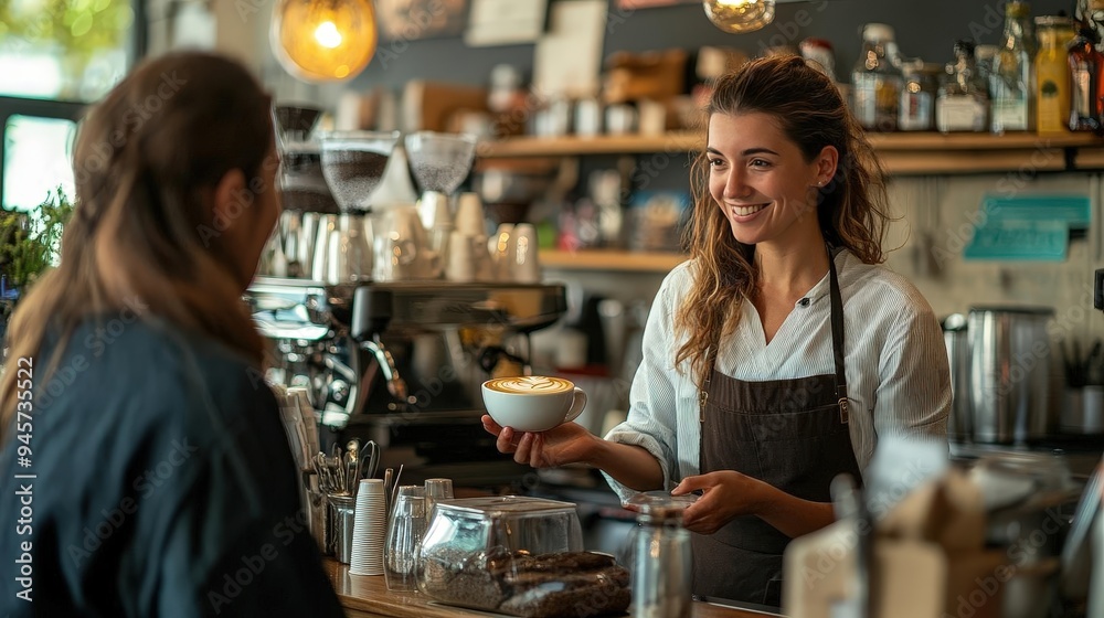 A barista serving coffee to a customer in a bustling cafe A barista serving coffee to a customer in a bustling cafe