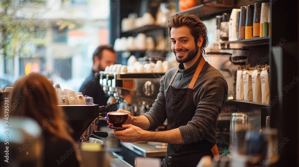 A barista serving coffee to a customer in a bustling cafe A barista serving coffee to a customer in a bustling cafe