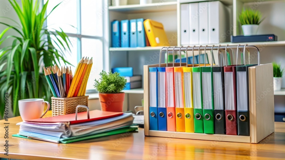 A tidy desk showcases a color-coded filing system, binder clips, and labeled folders, emphasizing efficient organization and clutter-free management of household documents. A tidy desk showcases a color-coded filing system, binder clips, and labeled folders, emphasizing efficient organization and clutter-free management of household documents.