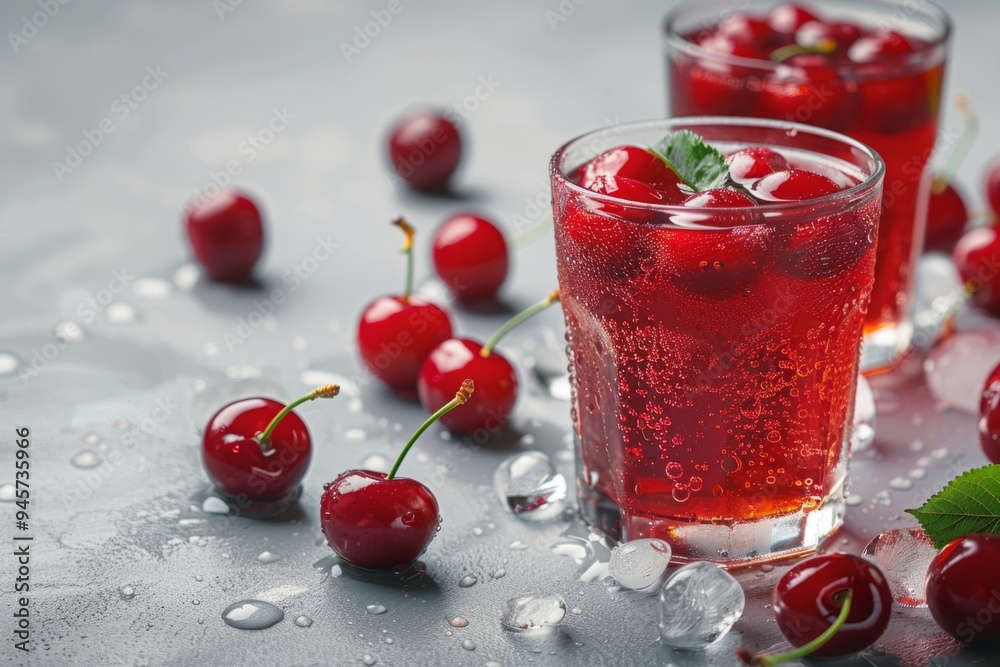 Refreshing cold cherry juice with fresh cherries and mint leaf garnish Refreshing cold cherry juice with fresh cherries and mint leaf garnish