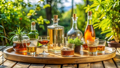 A tray of assorted liquor bottles and glasses sit atop a rustic wooden table on a sunny patio surrounded by lush greenery.