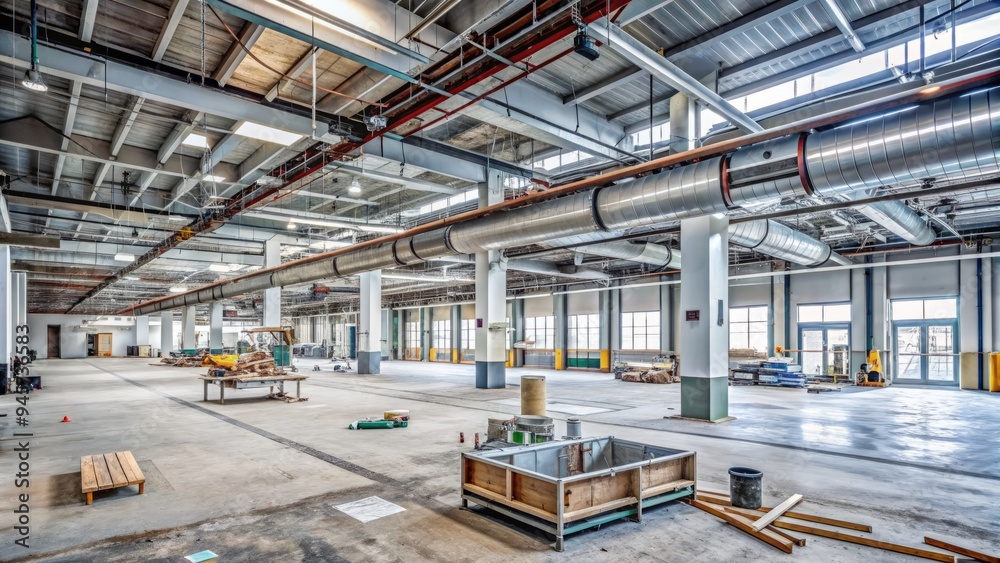A vast, open commercial space with exposed ductwork, concrete floors, and scaffolding, awaiting renovation, with tools and building materials scattered throughout. A vast, open commercial space with exposed ductwork, concrete floors, and scaffolding, awaiting renovation, with tools and building materials scattered throughout.