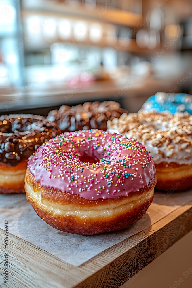 Small, elegant donuts with glossy glaze and decorative toppings, beautifully presented in natural light within a modern patisserie Small, elegant donuts with glossy glaze and decorative toppings, beautifully presented in natural light within a modern patisserie