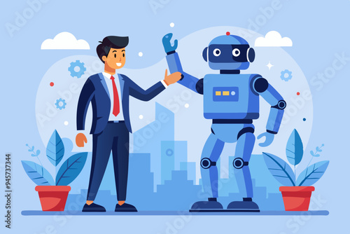 Working together with AI Artificial Intelligence, human cooperate with machine or robot, AI help or support coworker, assistance or partnership concept, businessman hand high five with robot hand. 
