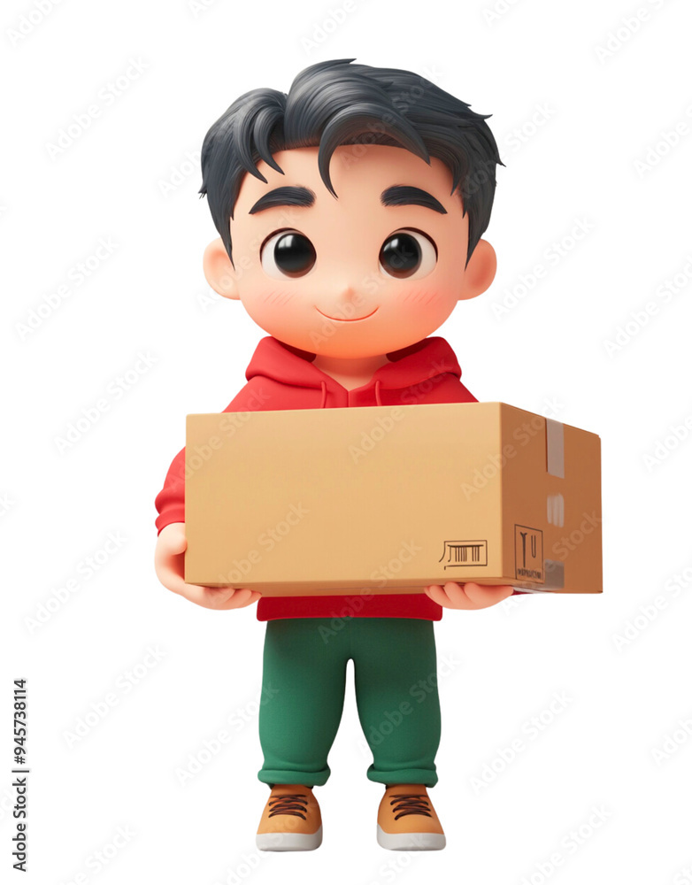 Cute 3D render man carries heavy cardboard boxes in hands. Cute 3D render man carries heavy cardboard boxes in hands.