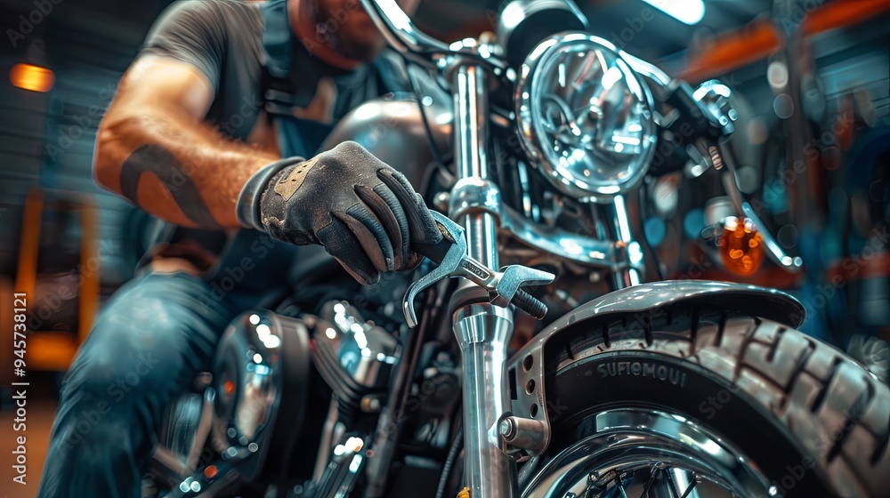 Repair technician working on a motorcycle with a wrench, close-up view Repair technician working on a motorcycle with a wrench, close-up view