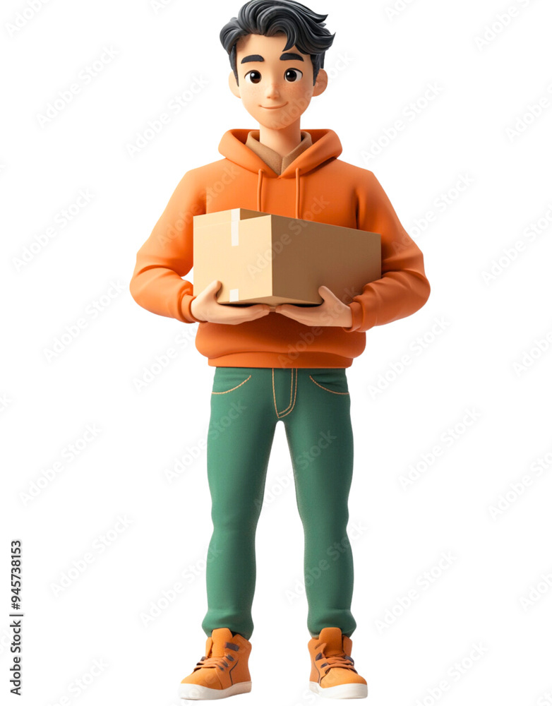 Cute 3D render man carries heavy cardboard boxes in hands. Cute 3D render man carries heavy cardboard boxes in hands.