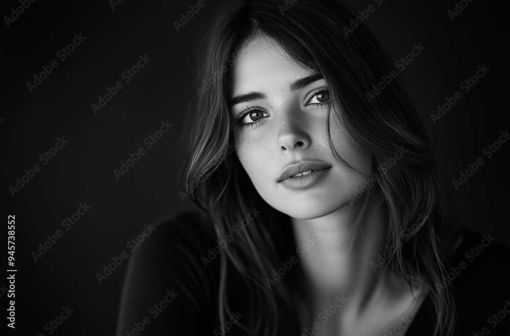 Black and White Portrait of a Beautiful Woman with Soft Expression and Wavy Hair
Black and White Portrait of a Beautiful Woman with Soft Expression and Wavy Hair